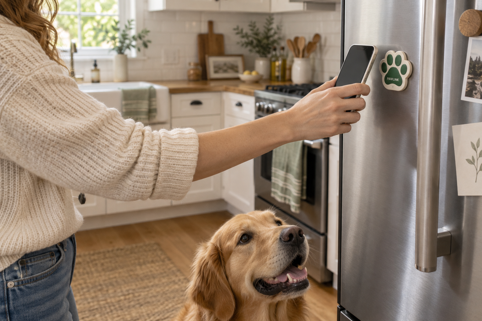 Concept scene of a pet parent tapping a phone near a PawLink magnet on the fridge, with a dog nearby