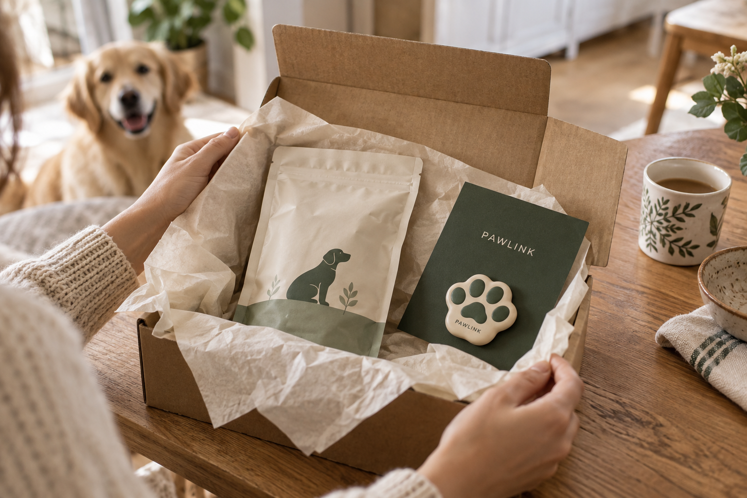 Concept scene of a PawLink magnet included in a pet brand's delivery box